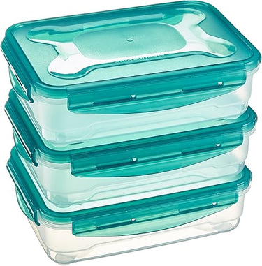 Amazon Basics Contenedores herméticos sellados con Tapa de plástico sin BPE, apilables y Aptos para frigorífico/congelador, para microondas y lavavajillas. Conjunto de 3 Piezas de 1.2 l, traslúcido